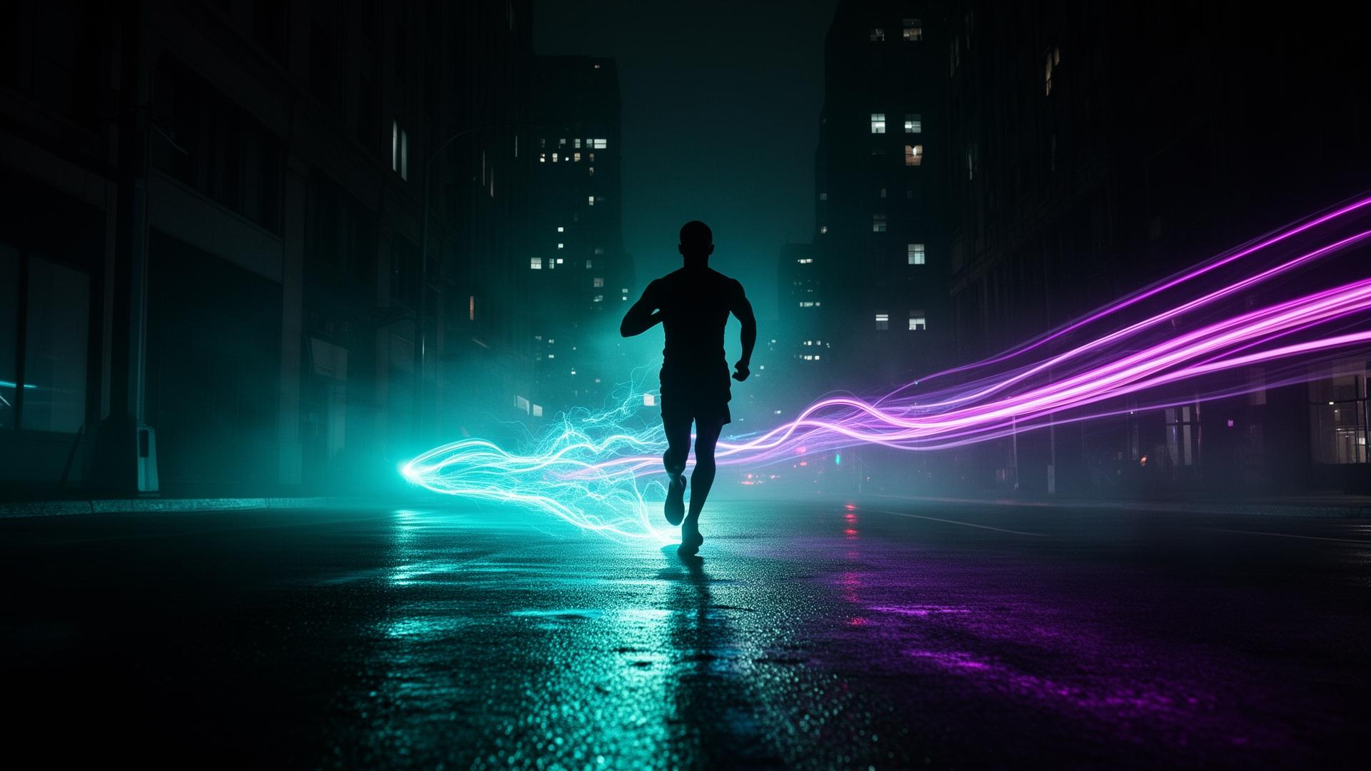 Marcheur urbain dont chaque pas génère un flux d'énergie cyan capté par le réseau HUMAN GRID